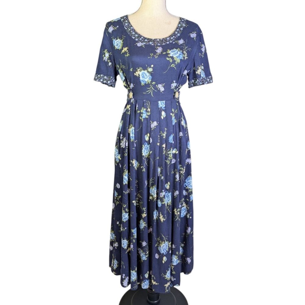 Vintage 90s Fashion Bug Blue Floral Midi Dress Cottagecore Prairie Size 10